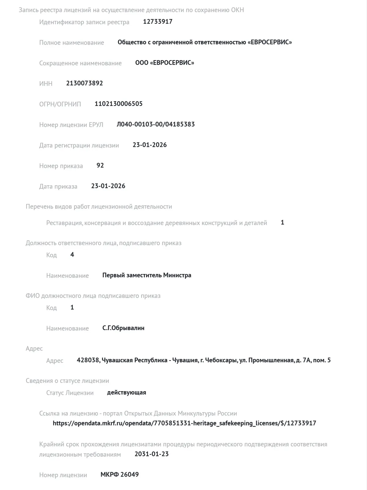 Выписка из реестра лицензий Министерства культуры России
